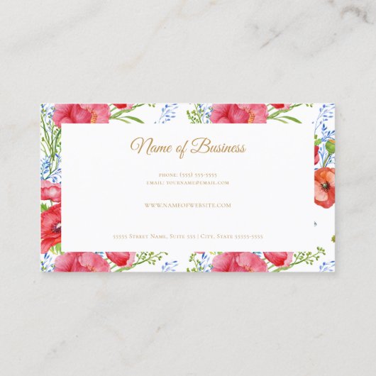 Elegante rode klaprozen en vlinders en gouden scri visitekaartje (Achterkant)