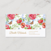 Elegante rode klaprozen en vlinders en gouden scri visitekaartje (Voorkant)