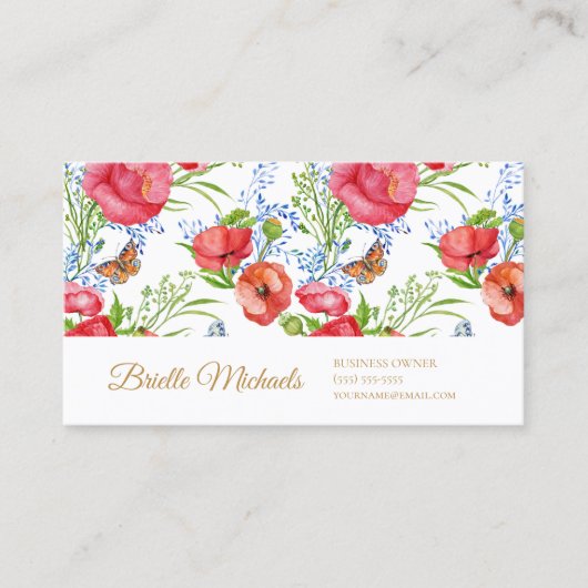 Elegante rode klaprozen en vlinders en gouden scri visitekaartje (Voorkant)