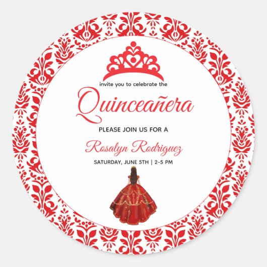 Elegante rode koninklijke quinceañera ronde sticker (Voorkant)