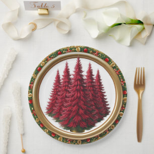 Elegante rode krans bessen goud vrolijke kerstboom papieren bordje