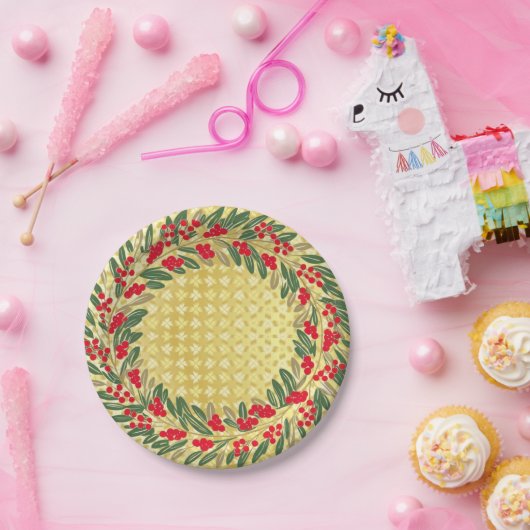 Elegante rode krans Holly Berries Christmas Gold Papieren Bordje (Feest)