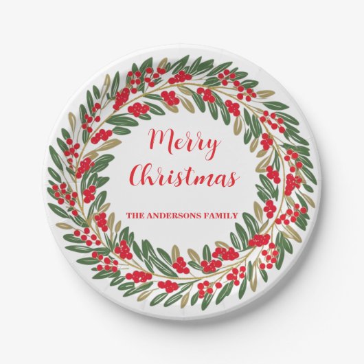 Elegante rode krans Holly Berries Christmas Gold Papieren Bordje (Voorkant)