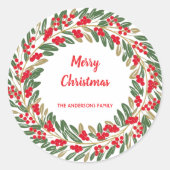 Elegante rode krans Holly Berries Gold Merry Xmas Ronde Sticker (Voorkant)