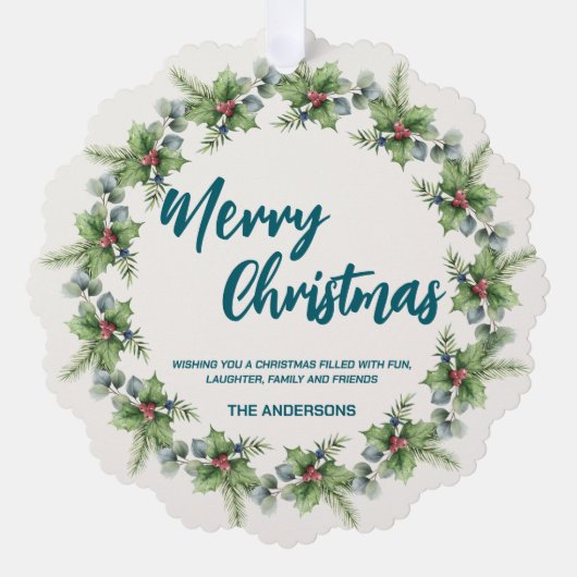 Elegante rode krans Holly bessen vrolijke kerstboo Ornament Kaart (Voorkant)