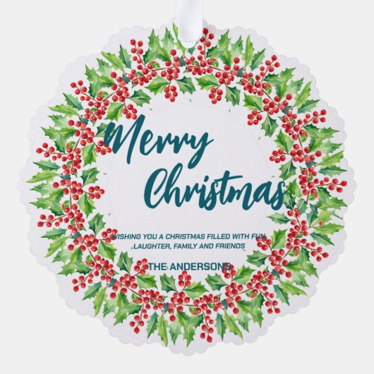 Elegante rode krans Holly bessen vrolijke kerstboo Ornament Kaart (Achterkant)