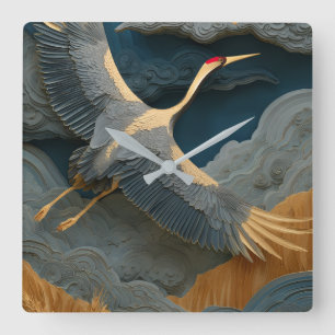 Elegante Rode-Krans Kraanvogel Wandklok – 3D Relië