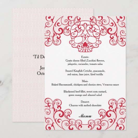 Elegante Rode Lace Skull Calavera Wedding Menu Kaa (Voorkant / Achterkant)
