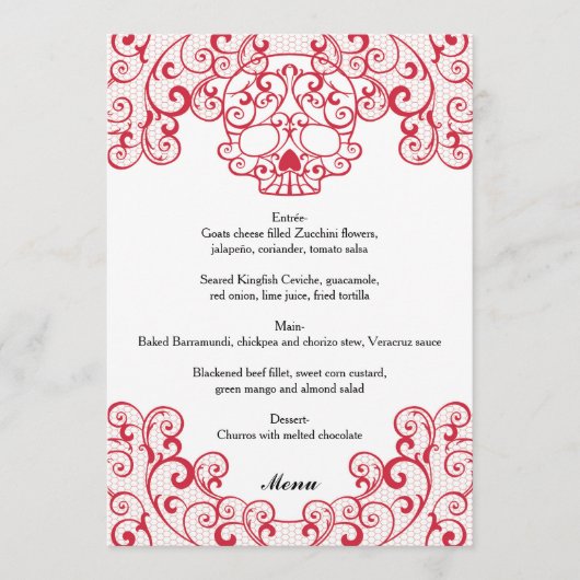 Elegante Rode Lace Skull Calavera Wedding Menu Kaa (Voorkant)