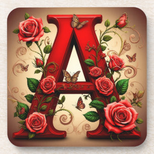 Elegante Rode Letter A met Rozen en Vlinder Bier Onderzetter
