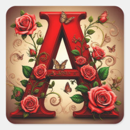 Elegante Rode Letter A met Rozen en Vlinder Vierkante Sticker