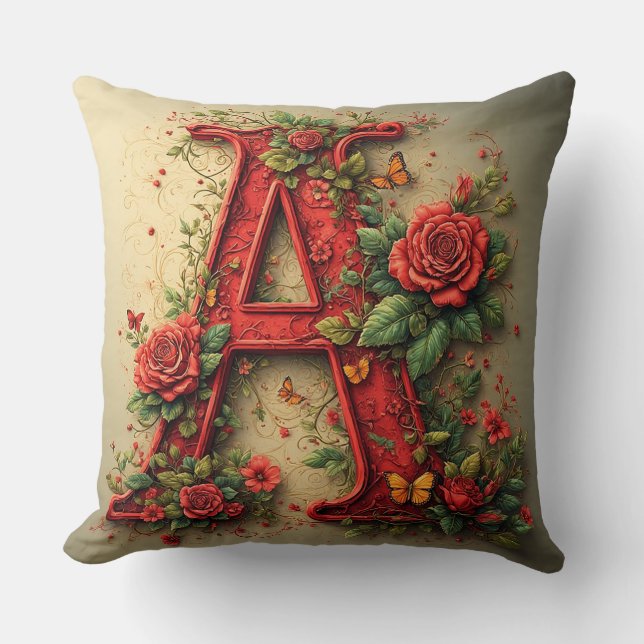 Elegante Rode Letter A Omringd door Rozen Kussen (Voorkant)