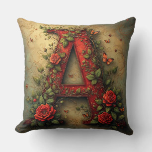 Elegante Rode Letter A Omringd door Rozen Kussen