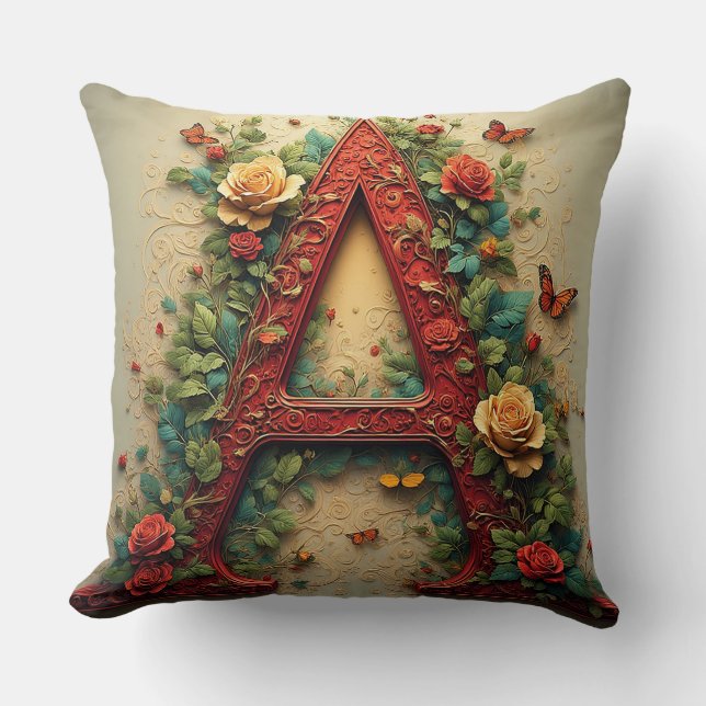 Elegante Rode Letter A Omringd door Rozen Kussen (Voorkant)
