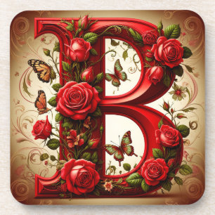 Elegante Rode Letter B met Rozen en Vlinder Bier Onderzetter
