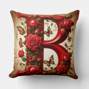 Elegante Rode Letter B met Rozen en Vlinder Kussen