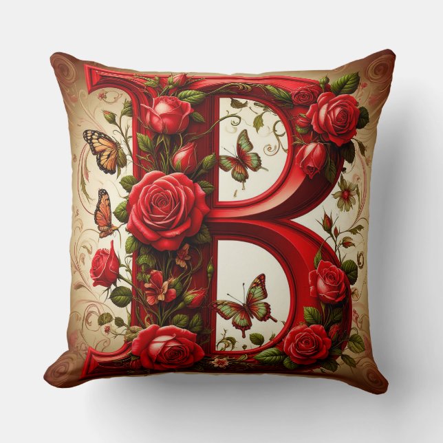 Elegante Rode Letter B met Rozen en Vlinder Kussen (Voorkant)
