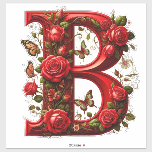 Elegante Rode Letter B met Rozen en Vlinder Sticker (Vel)
