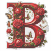 Elegante Rode Letter B met Rozen en Vlinder Sticker (Voorkant)
