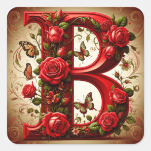Elegante Rode Letter B met Rozen en Vlinder Vierkante Sticker