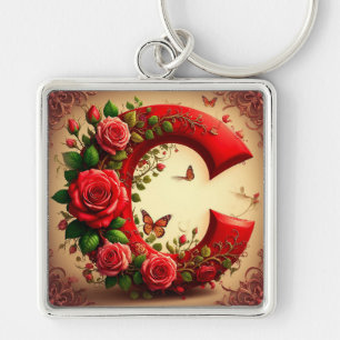 Elegante Rode Letter C met Rozen en Vlinder Sleutelhanger