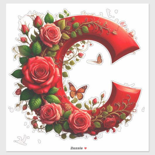 Elegante Rode Letter C met Rozen en Vlinder Sticker (Vel)