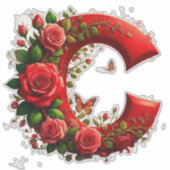 Elegante Rode Letter C met Rozen en Vlinder Sticker (Voorkant)