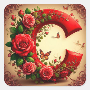 Elegante Rode Letter C met Rozen en Vlinder Vierkante Sticker