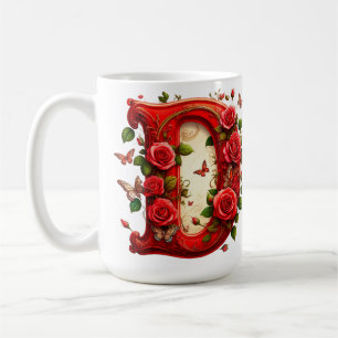 Elegante Rode Letter D met Rozen en Vlinder Koffiemok