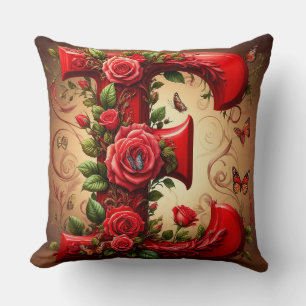 Elegante Rode Letter E met Rozen en Vlinder Kussen