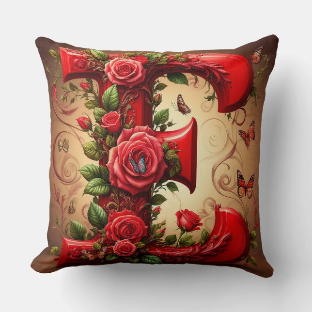 Elegante Rode Letter E met Rozen en Vlinder Kussen (Voorkant)