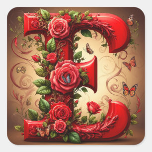 Elegante Rode Letter E met Rozen en Vlinder Vierkante Sticker