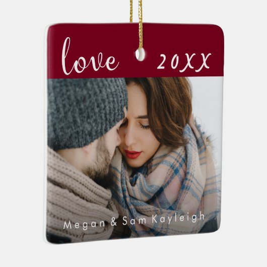 Elegante rode liefde foto en datum met namen keramisch ornament (Rechts)