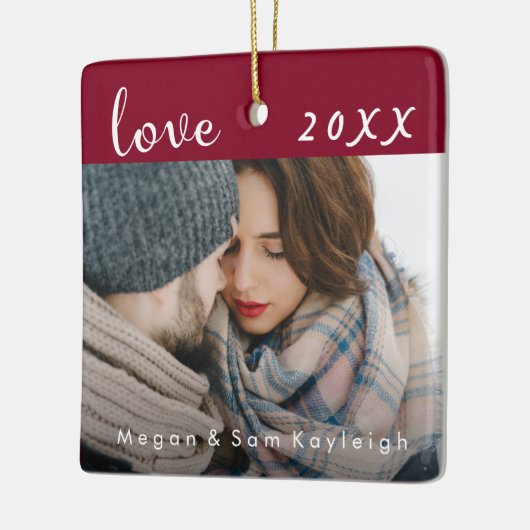 Elegante rode liefde foto en datum met namen keramisch ornament (Links)