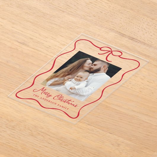 Elegante rode lint boog foto acryl vakantie Kaart Acryl Uitnodigingen (Laagn)