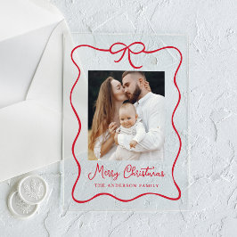 Elegante Rode Lint Boog Foto Acrylic Kerstkaart Acryl Uitnodigingen