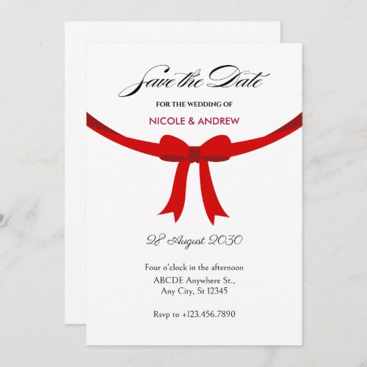 Elegante rode lint boog trouwjurk save the date (Voorkant / Achterkant)