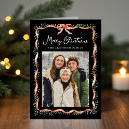 Elegante rode lint en groen zwarte foto feestdagen kaart