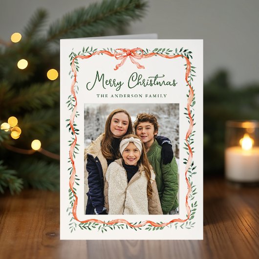 Elegante rode lint en groene crème foto feestdagen kaart