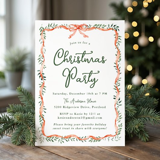 Elegante Rode Lint en Groene Kerstfeestviering Kaart