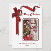 Elegante rode lint foto feestdagenkaart (Voorkant)