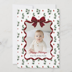 Elegante Rode Lint Groene Foto Kerstkaart Kaart