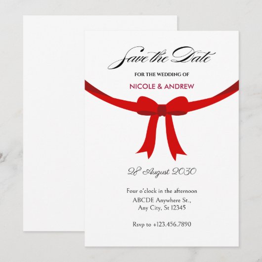 Elegante rode lint strik huwelijksdag save the date (Voorkant / Achterkant)