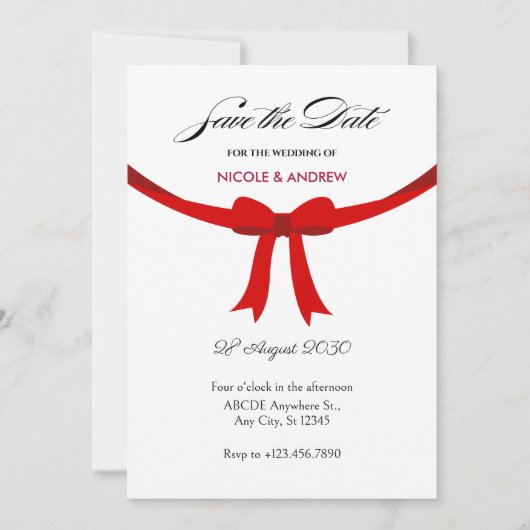 Elegante rode linten strik bruiloft save the date (Voorkant)