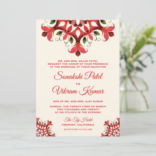 Elegante rode mandala indiaanse bruiloft uitnodigi kaart (Staand voorkant)