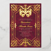 Elegante rode maskerade masker Quinceanera Folie Uitnodiging (Voorkant)