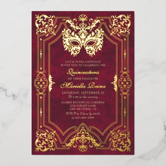 Elegante rode maskerade masker Quinceanera Folie Uitnodiging (Voorkant)
