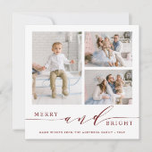 Elegante Rode Merry & Bright 3 Foto Vierkant Feestdagenkaart (Voorkant)