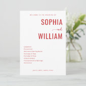 Elegante Rode Minimalistische Bruiloft Programmakaart (Staand voorkant)