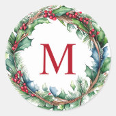 Elegante rode monogram beginletter kerstkrans ronde sticker (Voorkant)
